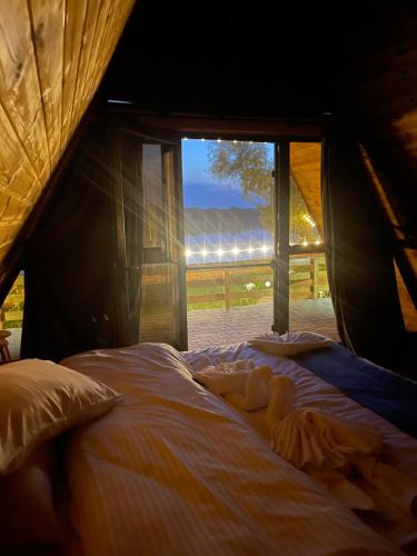 een slaapkamer met een bed en een raam bij Potcoava Dunarii in Suhaia