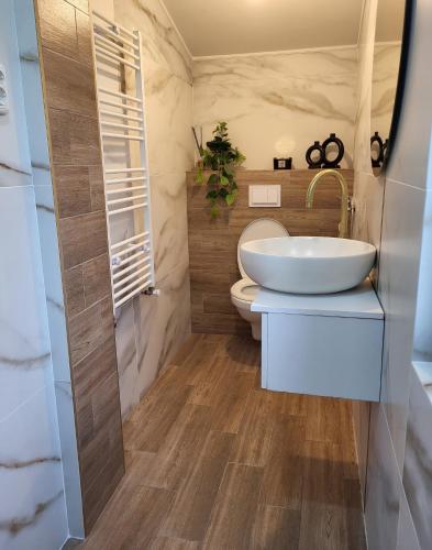 ein Badezimmer mit einem weißen Waschbecken und einer Toilette in der Unterkunft Lay House in Şuncuiuş