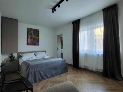 a bedroom with a bed and a chair and a window at Lay House in Şuncuiuş