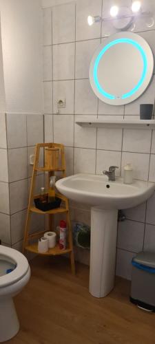 a bathroom with a sink and a mirror and a toilet at Studio KULLA avec terrasse 5mn Basel Airport in Saint-Louis