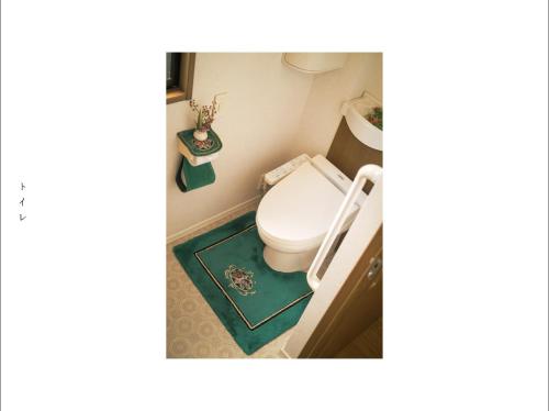 a bathroom with a toilet and a green rug at 富士の樱House 宝栄 in Fujikawaguchiko