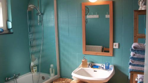 y baño con lavabo, espejo y bañera. en B&B De Zonnepoort vzw, en Hasselt