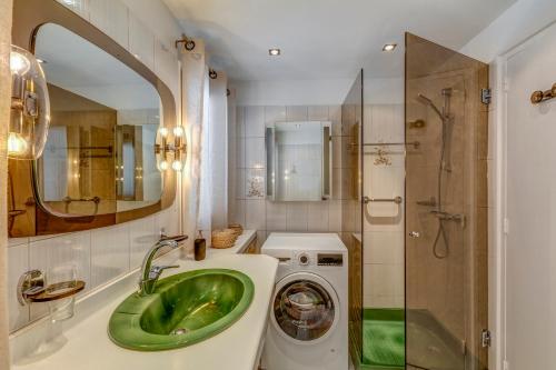 uma casa de banho com um lavatório verde e uma máquina de lavar roupa em Les Chalets de La Clusaz - Appartement le Yeti em La Clusaz