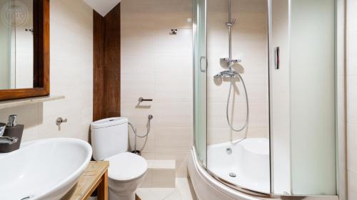 a bathroom with a shower and a toilet and a sink at Apartament Retro - Malownicze Osiedle Podgórze in Szklarska Poręba