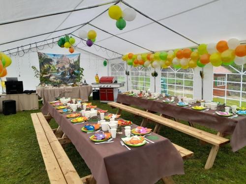 eine Gruppe von Tischen mit Speiseplatten und Ballons in der Unterkunft Gîte Napoléon in Dienville