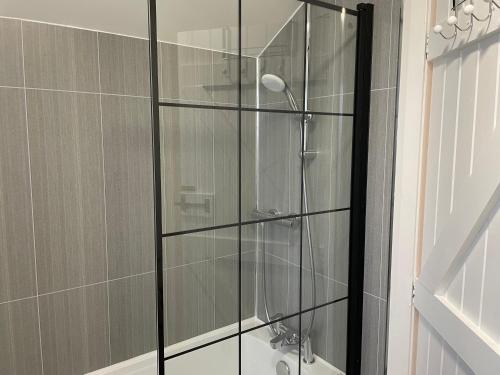 une douche avec une porte vitrée dans une salle de bain dans l'établissement Sarn Y Mynach - Traditional Welsh Cottage, à Llandudno Junction