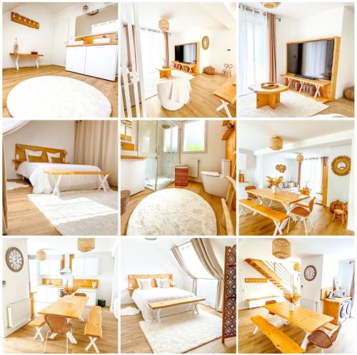 a collage of photos of a hotel room at Le cocon de Normandy in Criquebeuf-sur-Seine