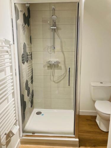 a shower stall in a bathroom with a toilet at Le gîte de Mireloup in Plerguer