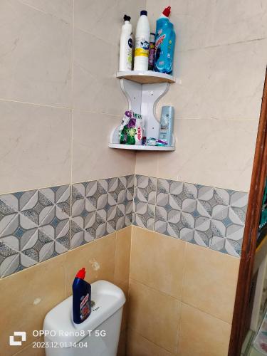 a bathroom with a toilet with two shelves on the wall at Gulf breeze heritage in Ruiru