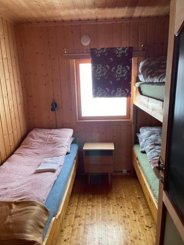 a small room with two bunk beds and a window at Syndin seter in Ryfoss