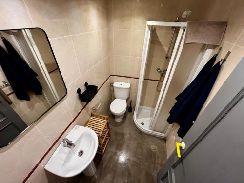 a bathroom with a sink and a toilet and a mirror at The Orange Teddy Bear Hostal La Peña in Mieres