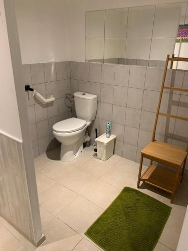 La salle de bains est pourvue de toilettes et d'un tapis vert. dans l'établissement le pré en bulles gîte au milieu des vignes, à Euzet