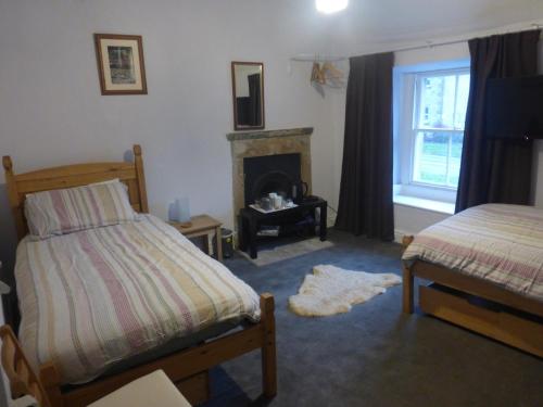 Bradwell的住宿－Lyndale House，一间卧室设有两张床和一个壁炉