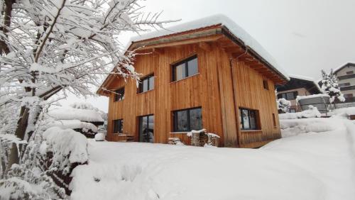 a log cabin in the snow with snow covered trees at Villa Mountainview in Bludenz