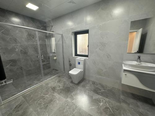uma casa de banho com um WC, um lavatório e um chuveiro em Villa Buzovna1 em Buzovna