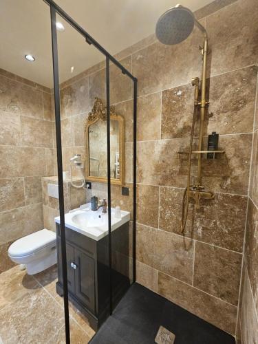 a bathroom with a shower and a sink and a toilet at Auberge "La Petite Auberge" in Bourg-Saint-Maurice