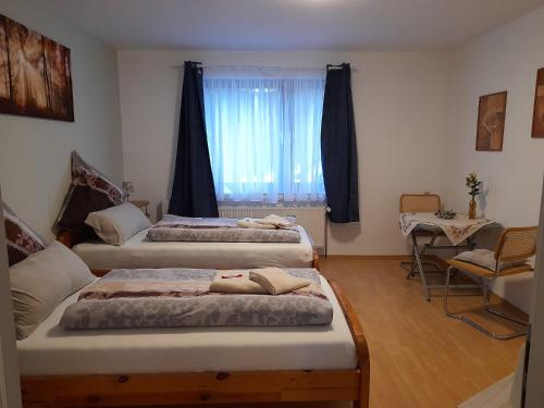 - 2 lits dans une chambre avec fenêtre dans l'établissement Ferienwohnung Prinz, à Meinerzhagen