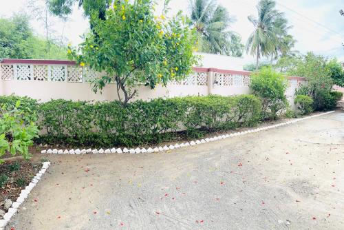a road with a tree and a white fence at Sirvachur madhurakalli amman guest house in Perambalūr