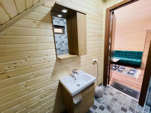 een badkamer met een wastafel en een spiegel bij Cottage Am Museum in Mestia