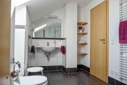 a bathroom with a sink and a toilet at GÄSTEHAUS AM FÜRSTWEG inklusive Frühstück in Heuchelheim-Klingen