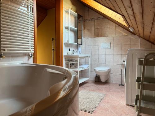 ein Bad mit einer Badewanne und einem WC in der Unterkunft Klimó apartment in Pécs