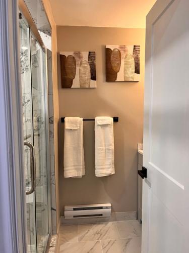 a bathroom with towels hanging on a wall at Private Apartment/Suite in Whitby