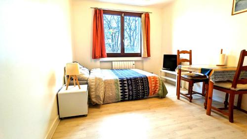 um quarto com uma cama, uma secretária e uma janela em Studio entre Paris et Disney em Villiers-sur-Marne