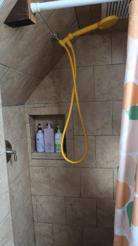 a shower with a yellow hose in a bathroom at Creative Private Attic 1br Suite in Honey Brook