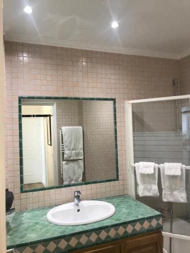 une salle de bain avec un lavabo, un miroir et des serviettes dans l'établissement TROCADERO-TOUR EIFFEL-Champs Elysees, à Paris