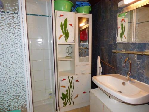 une salle de bain avec un lavabo et une douche dans l'établissement Pavillon Studio Mezzanine, Les Patios de la Plage, Saint Pierre la Mer, à Saint Pierre La Mer