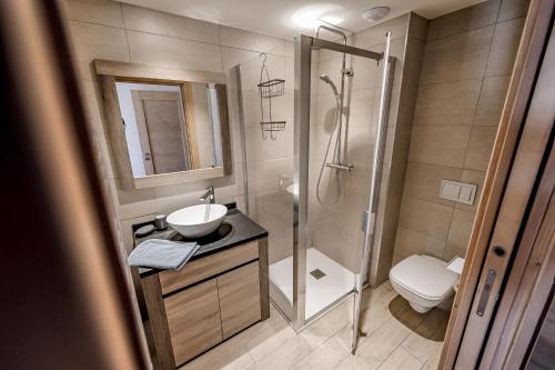 une salle de bain avec une douche, un lavabo et des toilettes dans l'établissement Arc 1600 SunsetPanorama Skis aux pieds 6 pers, à Bourg-Saint-Maurice