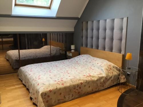 1 dormitorio con 2 camas y ventana en Spacieuse chambre, sdb privative et piscine chauffée, en Oinville-sur-Montcient