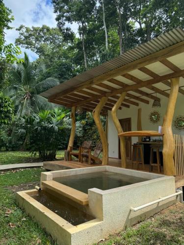 a swimming pool in a backyard with a pergola at Passion Fruit Lodge in Cahuita