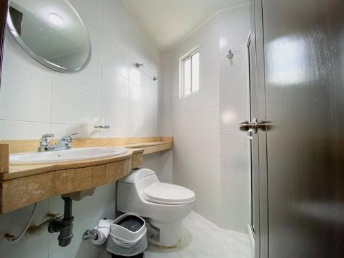 La salle de bains est pourvue de toilettes, d'un lavabo et d'un miroir. dans l'établissement Excepcional Apartamento -WAIWA HOST, à Bucaramanga