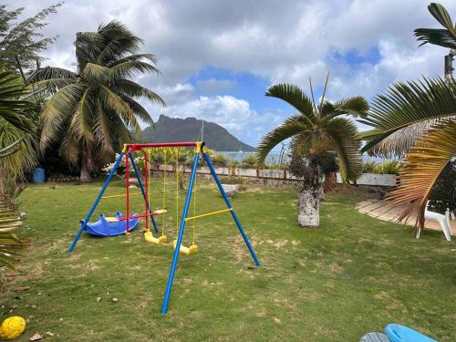 two swings in a yard with palm trees at Meri Lodge Huahine (Mamado’s House) in Fare