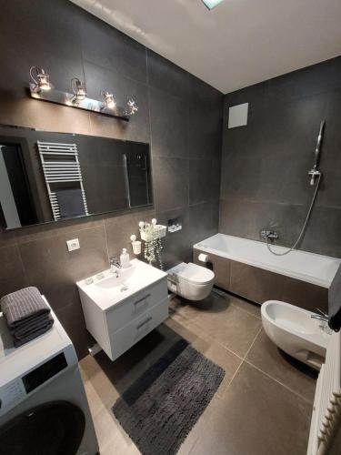 a bathroom with a sink and a toilet and a tub at Marina Apartment Żuraw in Gdańsk
