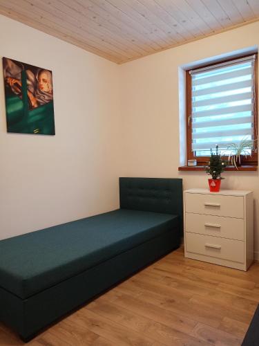 a room with a green couch and a window at Domek u Gołąbków Bieszczady in Lesko
