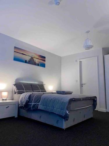 a bedroom with a bed and a painting on the wall at Large Apartment in City Centre, Leicester in Leicester