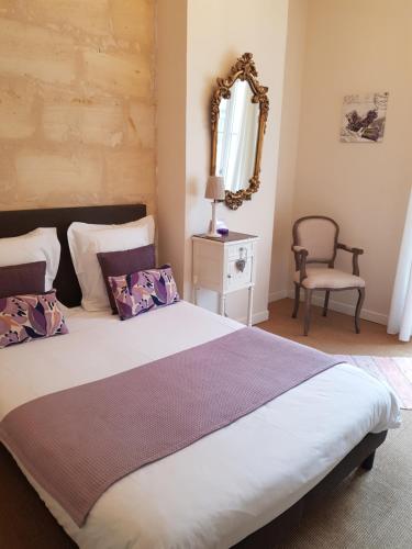 a bedroom with a bed with a mirror and a chair at LA SALAMANDRE in Bordeaux