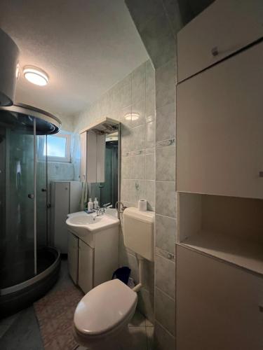 uma casa de banho com um WC, um lavatório e um chuveiro em Apartman Crkvice Zenica em Zenica