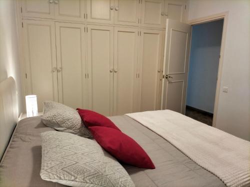 アリカンテにあるAlexander Apartmentsのベッド1台(上に赤い枕2つ付)