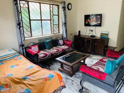 a living room with a bed and a tv at Naivedyam villa in Mount Ābu