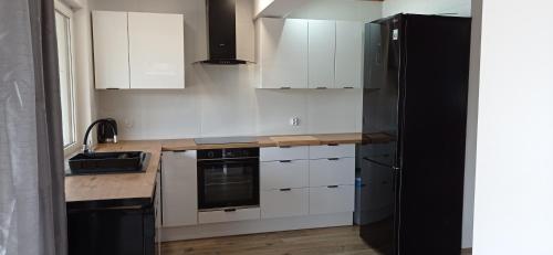 a kitchen with white cabinets and a black refrigerator at Dom z pięknymi widokami na jezioro ryńskie ilasy. in Rybical