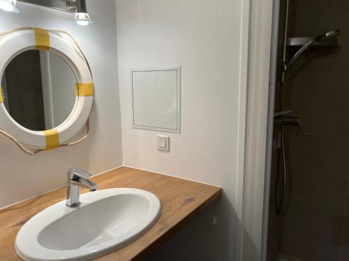 une salle de bain avec un lavabo, un miroir et une douche dans l'établissement Refuge des pirates, à Deauville