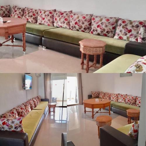 two pictures of a living room with a couch and tables at Marina Golf appartement de luxe in Asilah