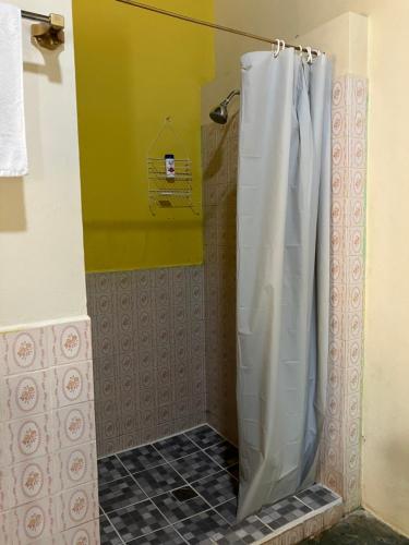 a shower with a white shower curtain in a bathroom at Hostal El Amate #1 in Suchitoto