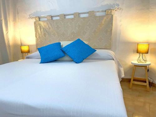 CodaruinaにあるVilla La Rosa dei Ventiのベッドルーム1室(白いベッド1台、青い枕2つ付)