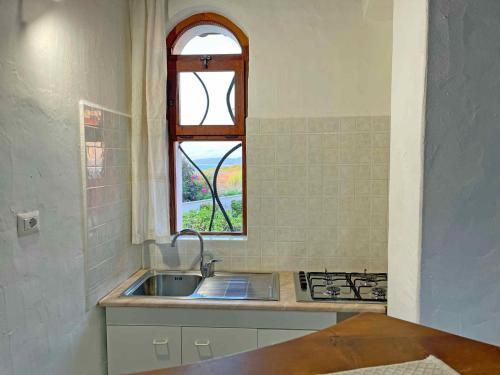 een keuken met een wastafel en een raam bij Villa La Rosa dei Venti in Codaruina