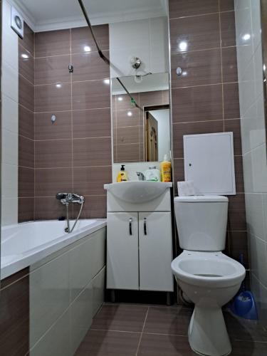 a bathroom with a toilet and a sink and a mirror at Сдаётся почасово, посуточно квартира in Edineţ