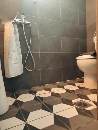 a bathroom with a toilet and a shower at KASTRO HOUSE in Skopelos Town